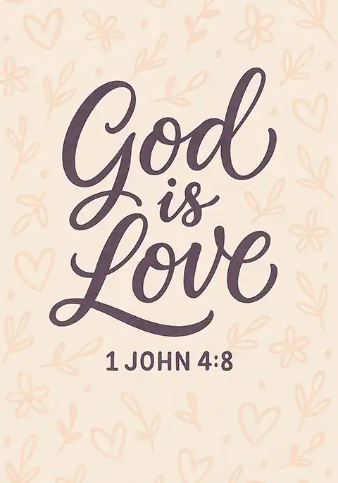 Bible verse card featuring a lettering design of the scripture 1 John 4:8 against a neutral background of hand-drawn hearts and plants.