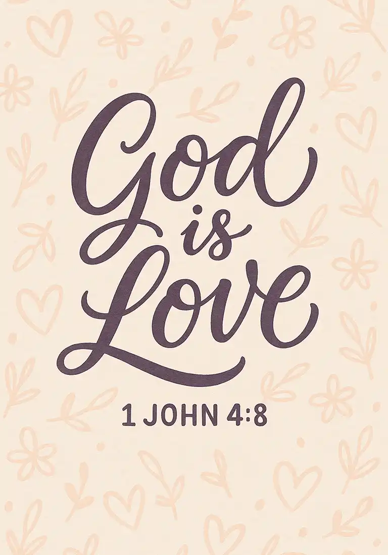 Bible verse card featuring a lettering design of the scripture 1 John 4:8 against a neutral background of hand-drawn hearts and plants.