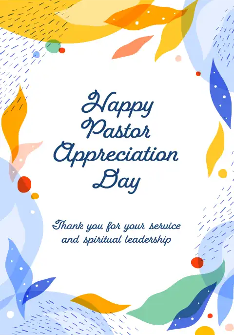 A pastor appreciation card with a modern, abstract paint design in shades of blue and gold, with the text “Thank you for your faithful service.”