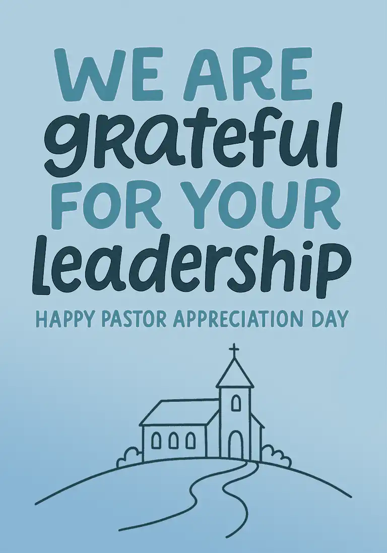 A pastor appreciation card with a simple blue illustration of a church and the words “We are grateful for your leadership.”