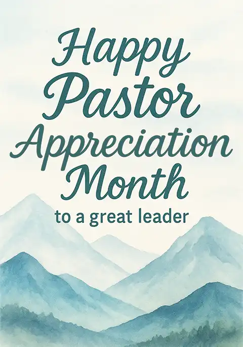 A pastor appreciation card showing a majestic mountain range with a message thanking a great leader.