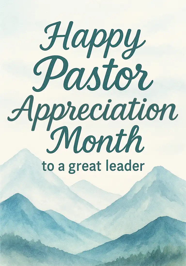 A pastor appreciation card showing a majestic mountain range with a message thanking a great leader.
