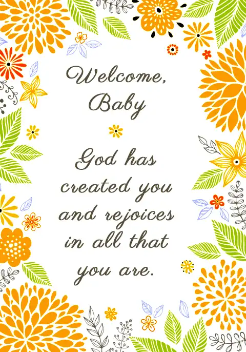 A Christian baby card featuring a gentle illustration of chrysanthemum flowers.
