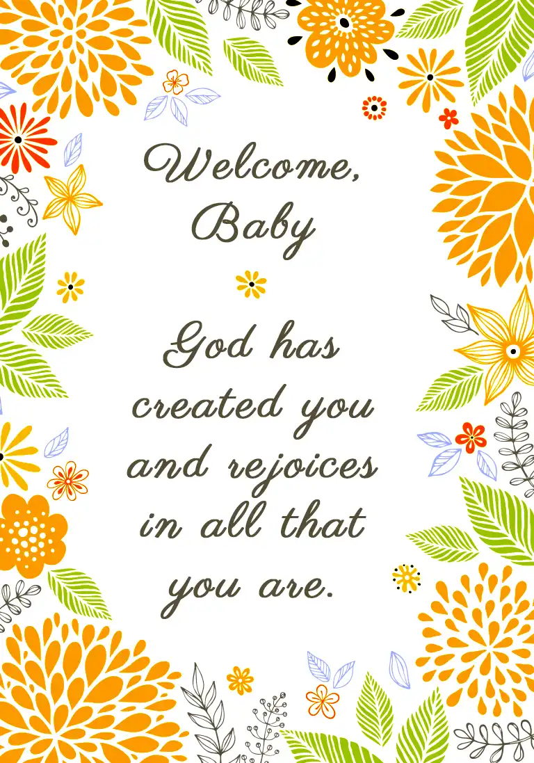 A Christian baby card featuring a gentle illustration of chrysanthemum flowers.