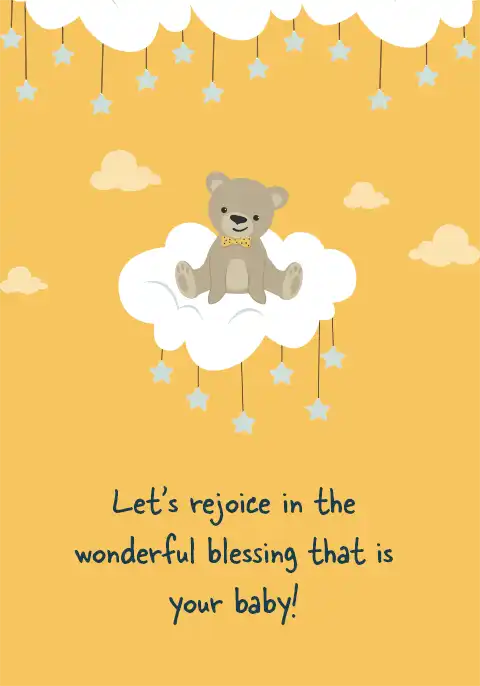 A cute teddy bear sitting on a fluffy cloud against a soft sky background