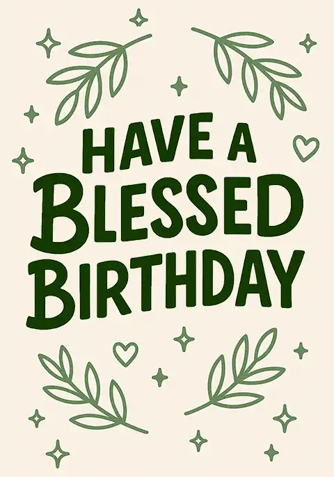 A modern Christian birthday card featuring the word ‘Blessed’ in bold hand-lettering on a textured neutral background adorned with palms of leaves.