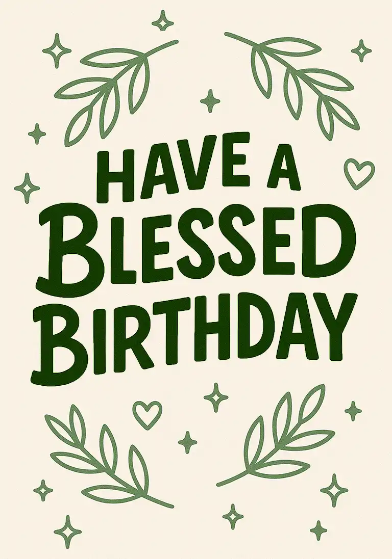 A modern Christian birthday card featuring the word ‘Blessed’ in bold hand-lettering on a textured neutral background adorned with palms of leaves.