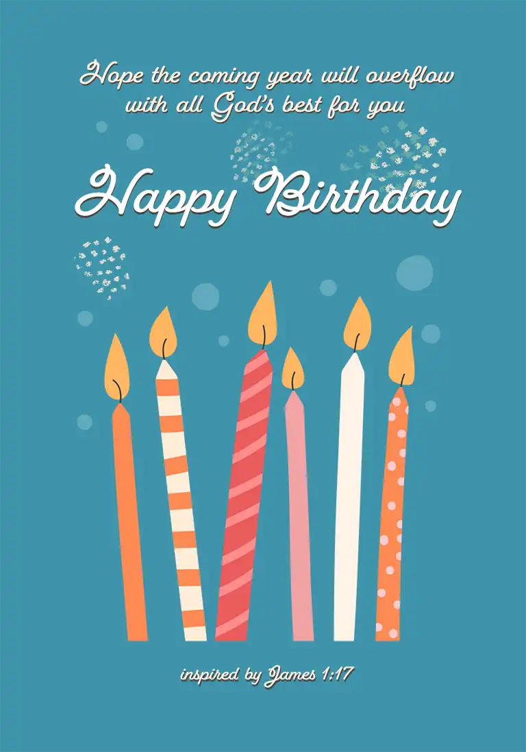 A Christian birthday card showing lit candles with the wish that the “coming year will overflow with God’s goodness and love.”