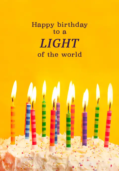 A Christian birthday card featuring a slice of cake with colorful candles and a happy birthday message.