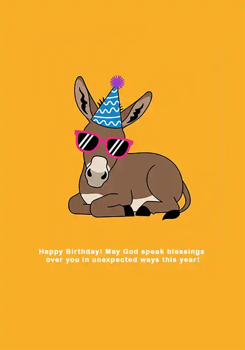 A funny Christian birthday card showing a cool donkey wearing bright pink sunglasses and a party hat.