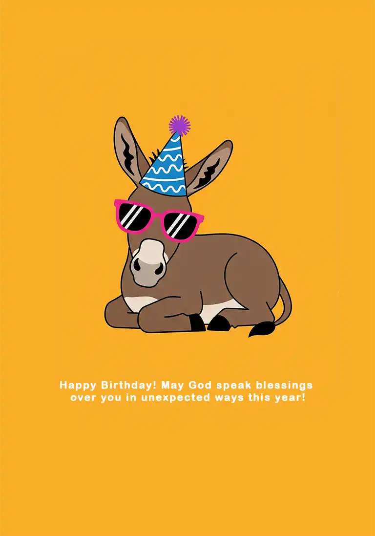 A funny Christian birthday card showing a cool donkey wearing bright pink sunglasses and a party hat.