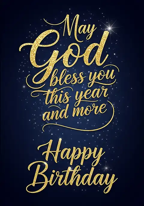 A Christian birthday card with the words “God Bless You on Your Birthday” in elegant gold script against a dark blue, starry night sky background.