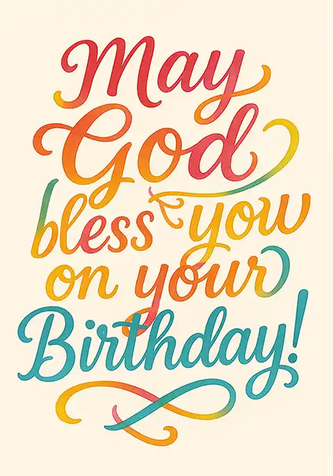 Christian birthday card featuring colorful gradient lettering of the phrase 'May God Bless You on Your Birthday' against a neutral background.