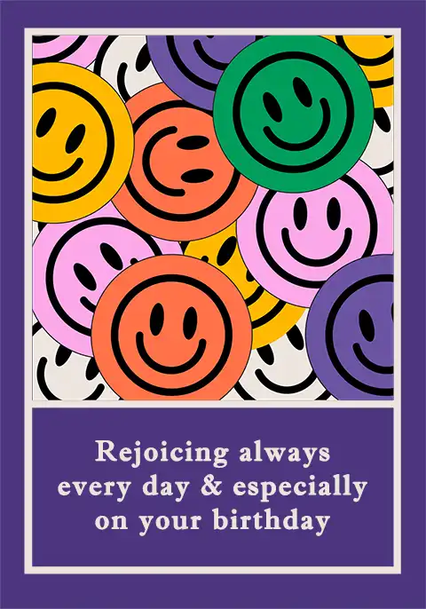A Christian birthday card with a colorful design and the text “Rejoice always.”
