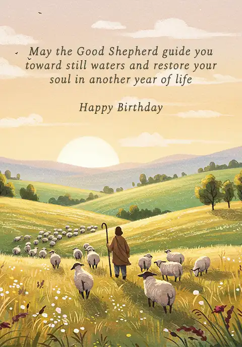 A Christian birthday card with an illustration of the Good Shepherd and a message of hope for guidance.