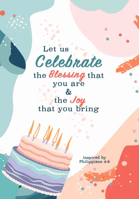 A Christian birthday card featuring a beautifully illustrated cake with soft pastel frosting.