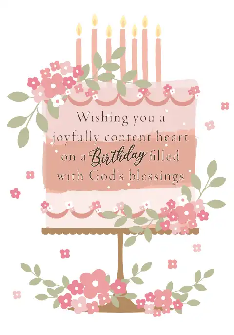 A Christian birthday card featuring a tiered cake decorated with pink flowers.