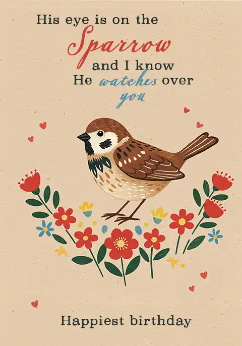 A Christian birthday card with an artistic illustration of a sparrow perched among bright red flowers.