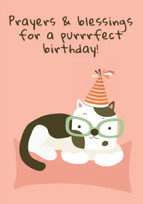 A cute cat wearing a party hat with a humorous birthday message