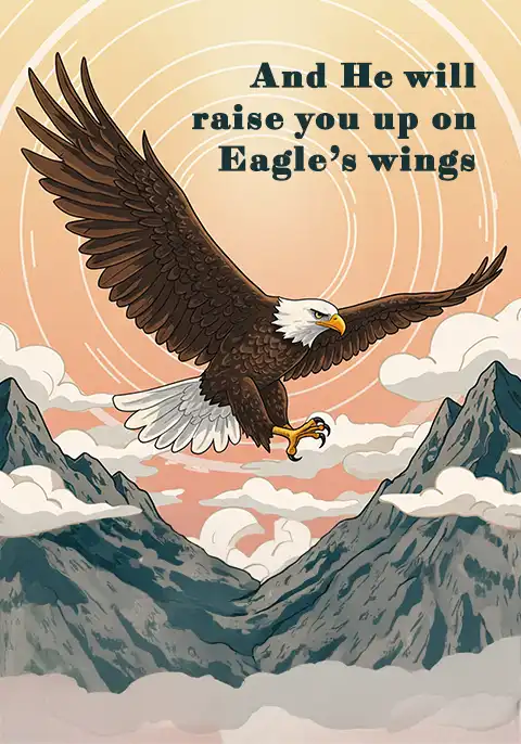 A Christian encouragement card with an illustration of an eagle and the text “And He will raise you up on eagle’s wings”.