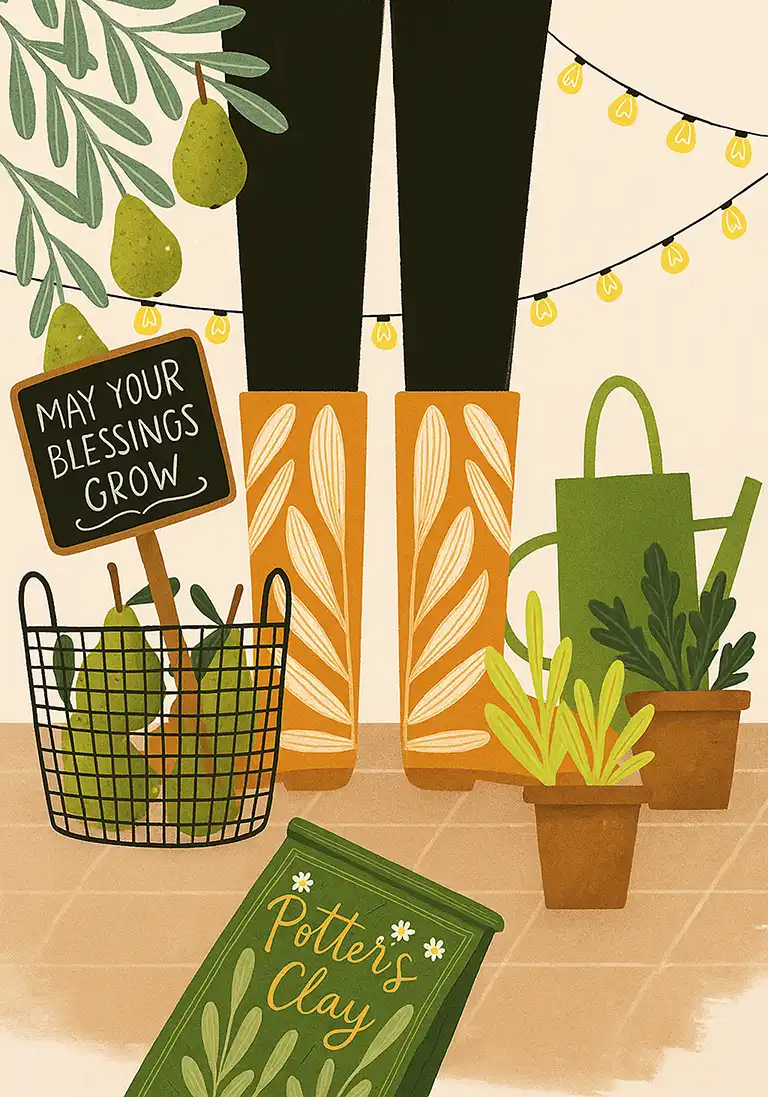 A Christian birthday card with a folk-art illustration of a gardener who has made plant pots with the Potter’s clay.
