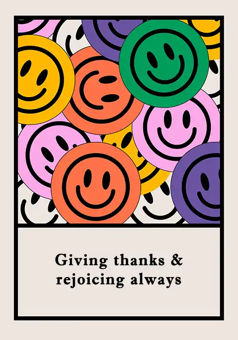 A Christian thank you card with the scripture-inspired text “Rejoice always” and a cheerful design.