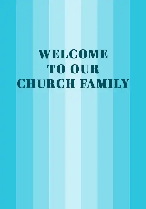 A Christian welcome card with vibrant blue stripes and the phrase ‘Welcome to our church family’.