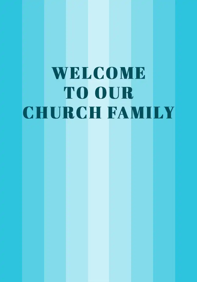 A Christian welcome card with vibrant blue stripes and the phrase ‘Welcome to our church family’.