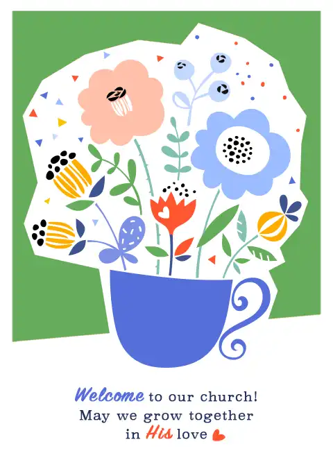 A Christian welcome card featuring a vintage-style tea cup overflowing with flowers.