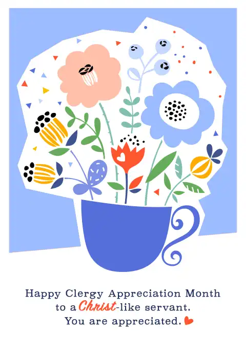 A clergy appreciation card featuring a tea cup with flowers, symbolizing rest and gratitude.