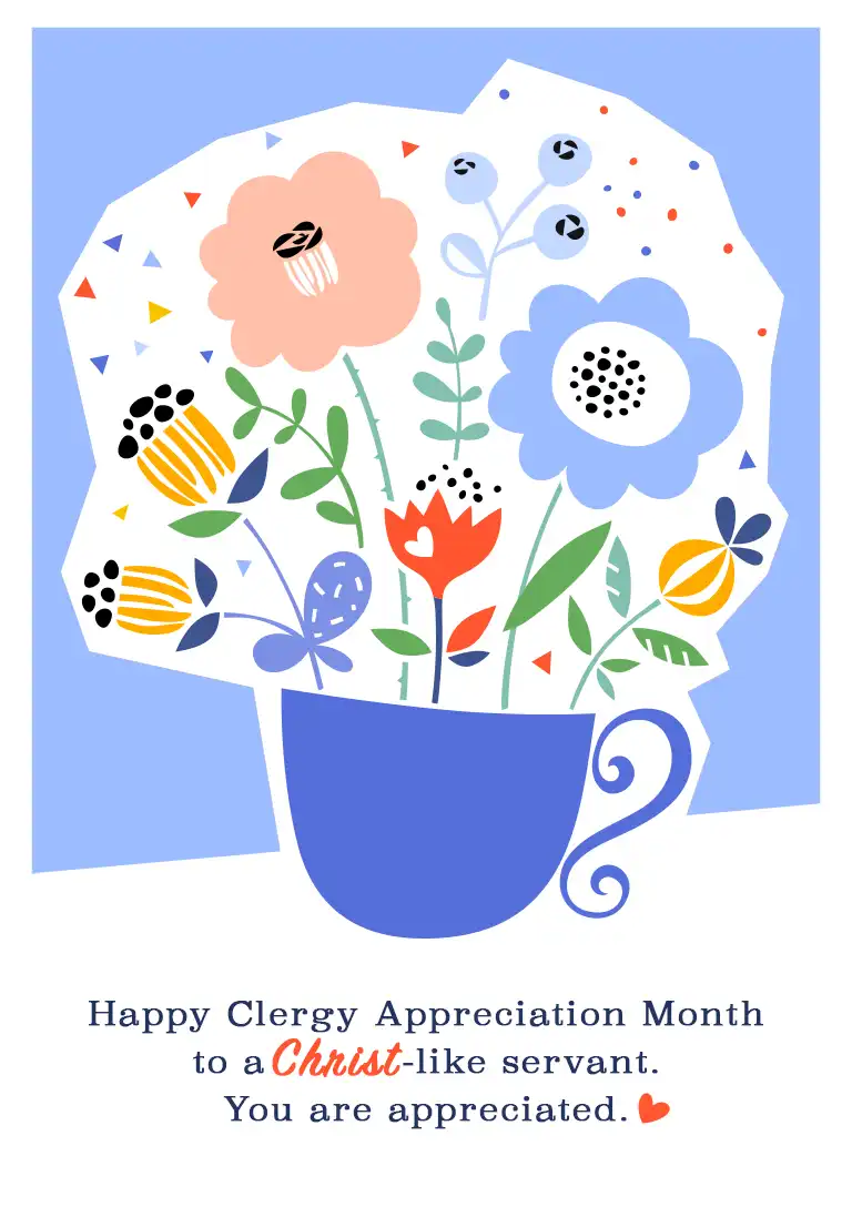A clergy appreciation card featuring a tea cup with flowers, symbolizing rest and gratitude.