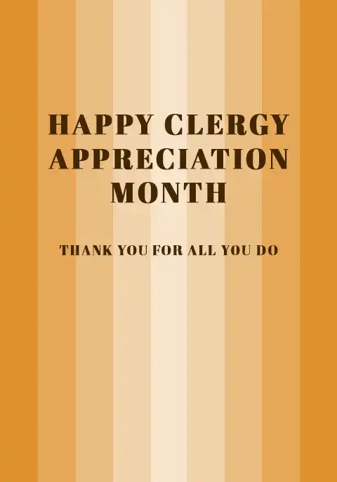 A pastor appreciation card with bold orange stripes and the text “Happy Clergy Appreciation Month”.