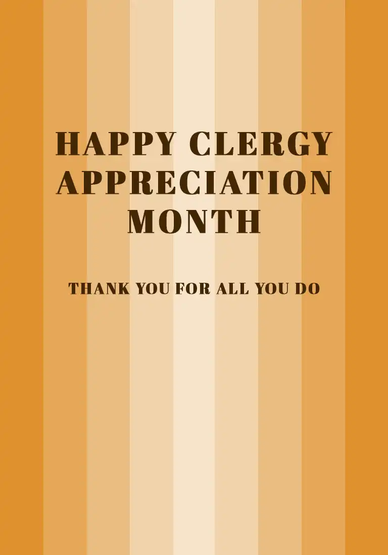 A pastor appreciation card with bold orange stripes and the text “Happy Clergy Appreciation Month”.