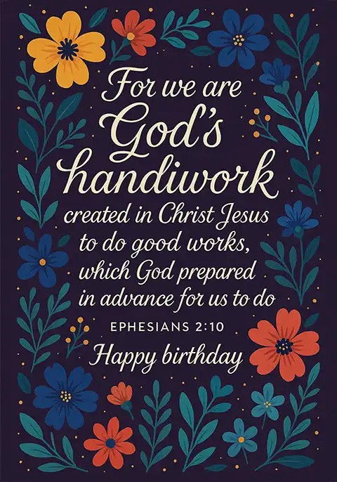 A Christian birthday card featuring the Bible verse Ephesians 2:10, “For we are God’s handiwork, created in Christ Jesus to do good works.”