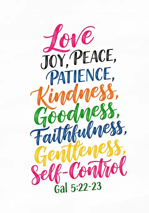 A Christian card displaying the Fruit of the Spirit from Galatians 5:22-23, “Love, joy, peace, patience, kindness, goodness, faithfulness, gentleness, and self-control.”
