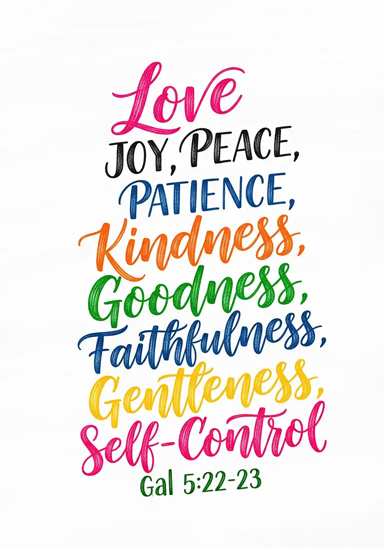 A Christian card displaying the Fruit of the Spirit from Galatians 5:22-23, “Love, joy, peace, patience, kindness, goodness, faithfulness, gentleness, and self-control.”
