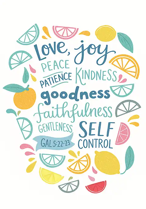 Bible verse card featuring a vibrant illustration design of the scripture Galatians 5:22-23, highlighting the spiritual fruits of the Spirit.