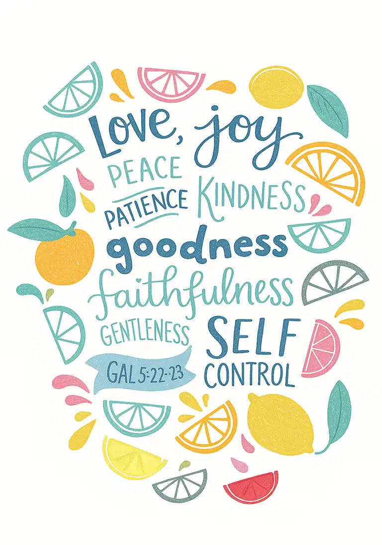 Bible verse card featuring a vibrant illustration design of the scripture Galatians 5:22-23, highlighting the spiritual fruits of the Spirit.