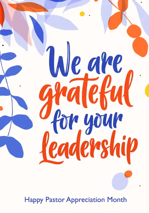 A pastor appreciation card with a clean, text-focused design that reads, “We are grateful for your leadership.”