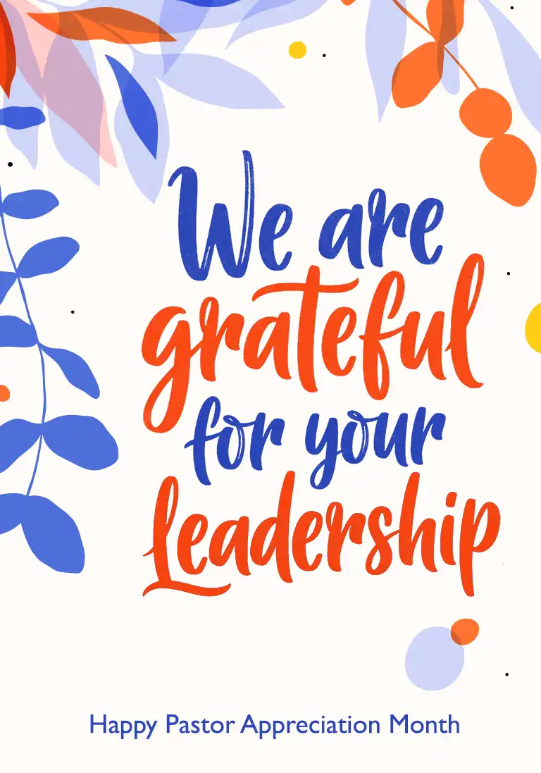 A pastor appreciation card with a clean, text-focused design that reads, “We are grateful for your leadership.”