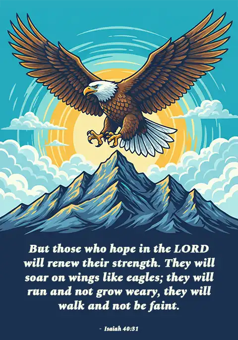 A Bible verse card displaying Isaiah 40:31, “They who wait for the Lord shall renew their strength; they shall mount up with wings like eagles…”, set in italic serif type over an illustration of an eagle soaring above mountains.