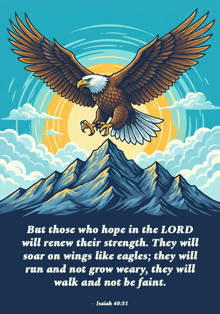 A Bible verse card displaying Isaiah 40:31, “They who wait for the Lord shall renew their strength; they shall mount up with wings like eagles…”, set in italic serif type over an illustration of an eagle soaring above mountains.