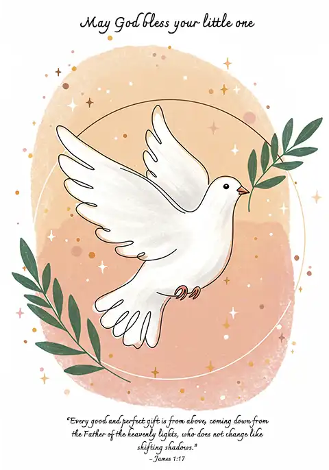 A Christian baby card with the Bible verse from James 1:17, “Every good and perfect gift is from above,” featuring a dove with an olive branch in its beak.