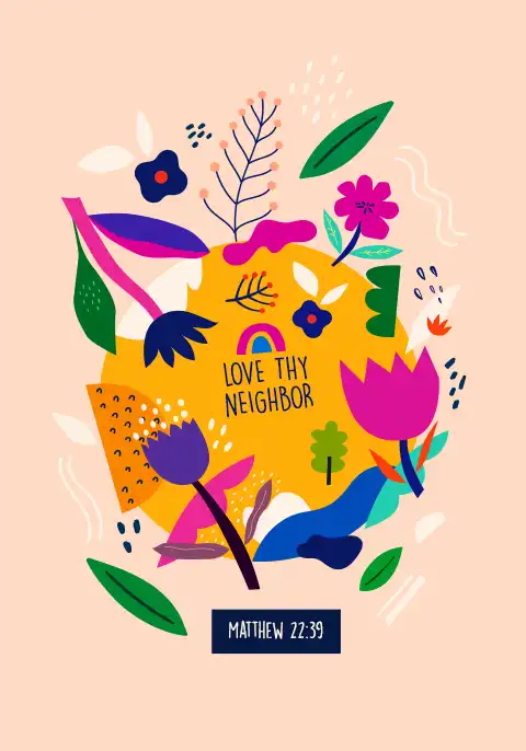 A Christian card with a simple, modern design displaying the Biblical commandment “Love thy neighbor”.