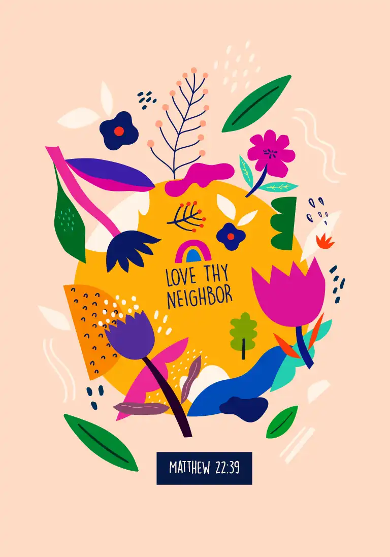 A Christian card with a simple, modern design displaying the Biblical commandment “Love thy neighbor”.