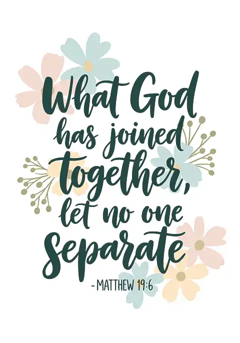 A Christian wedding card with the Bible verse from Matthew 19:6, “Therefore what God has joined together, let no one separate,” over a background of elegant, soft florals.