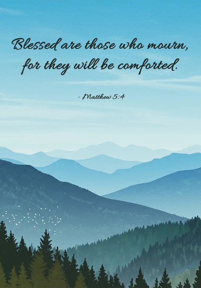 A Christian sympathy card with the Bible verse from Matthew 5:4, “Blessed are those who mourn, for they will be comforted,” over a peaceful image of mountains in the background.