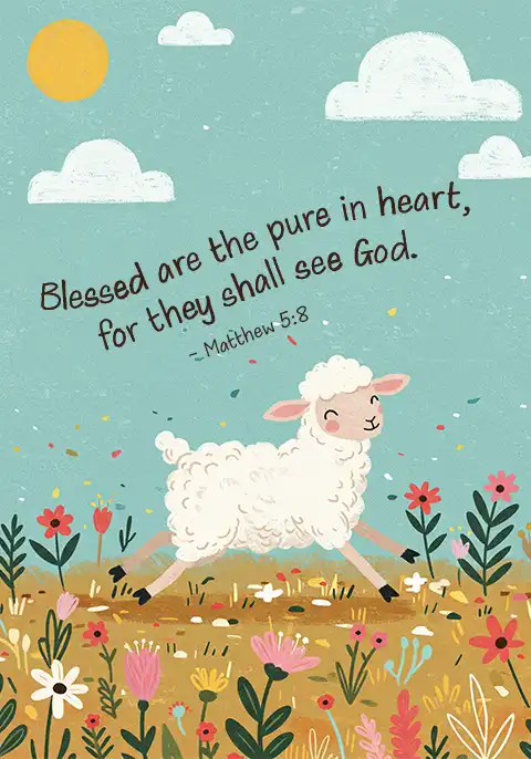 A Christian card featuring the scripture Matthew 5:8, “Blessed are the pure in heart, for they will see God,” with a sheep running across a meadow.