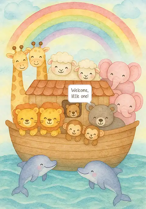 A Christian baby card featuring a cute illustration of Noah’s Ark with animals and a rainbow.