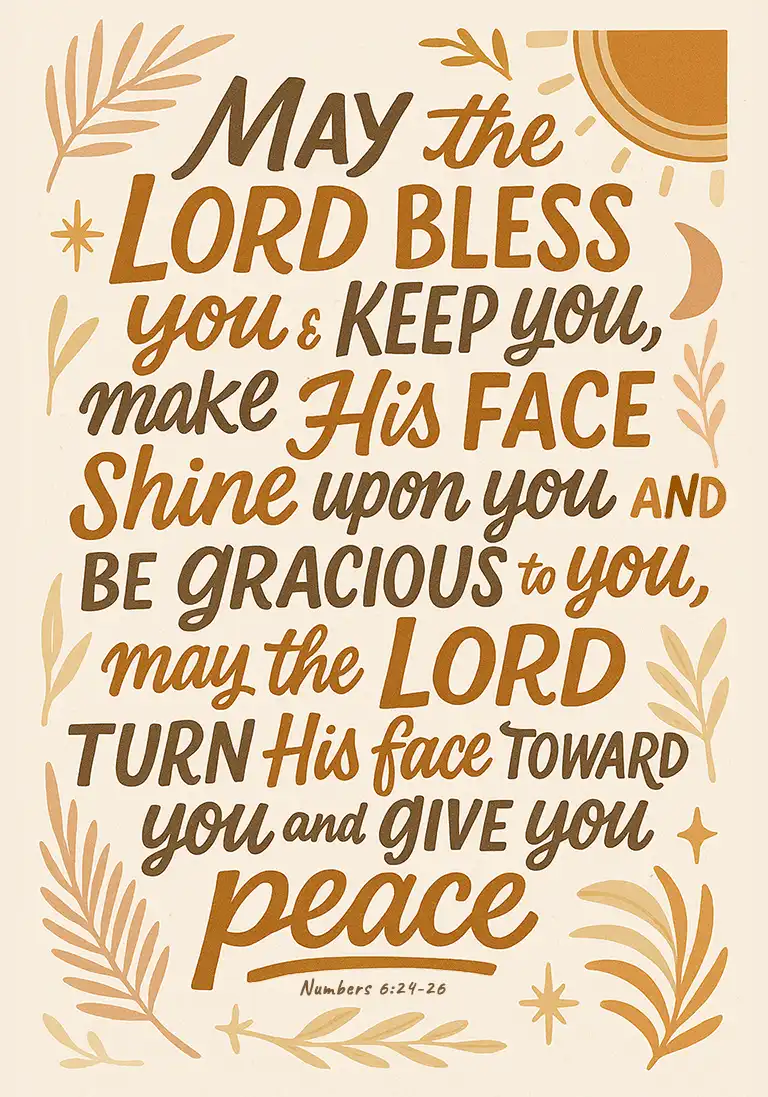 Christian birthday card featuring the Bible verses Numbers 6:24-26, illustrating God’s blessings with lettering in shades of brown in a neutral color scheme.